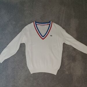 Lacoste Women's White Tennis Sweater with Blue and Red Trim, Size 34 (Small)